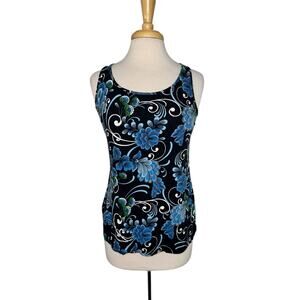 CHICOS Art Floral Tank Top in Black Blue Green Size Small (0) Sleeveless Rayon